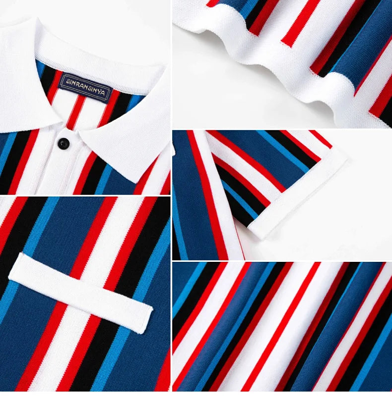 Polo Collar Striped Shirts Knitted Shirt Short Sleeve Single Breasted Casual Shirt Cardigan Loose Fit 2025 Spliced Pockets