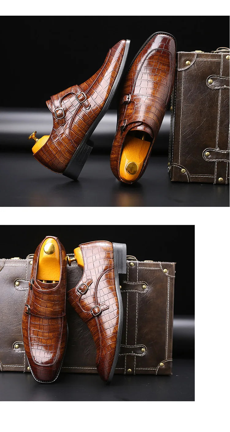 Luxury Men Dress Shoes Crocodile Grain Leather Shoes Men Buckle Casual Wedding Party Shoes High Quality Business Men Brogue Shoe