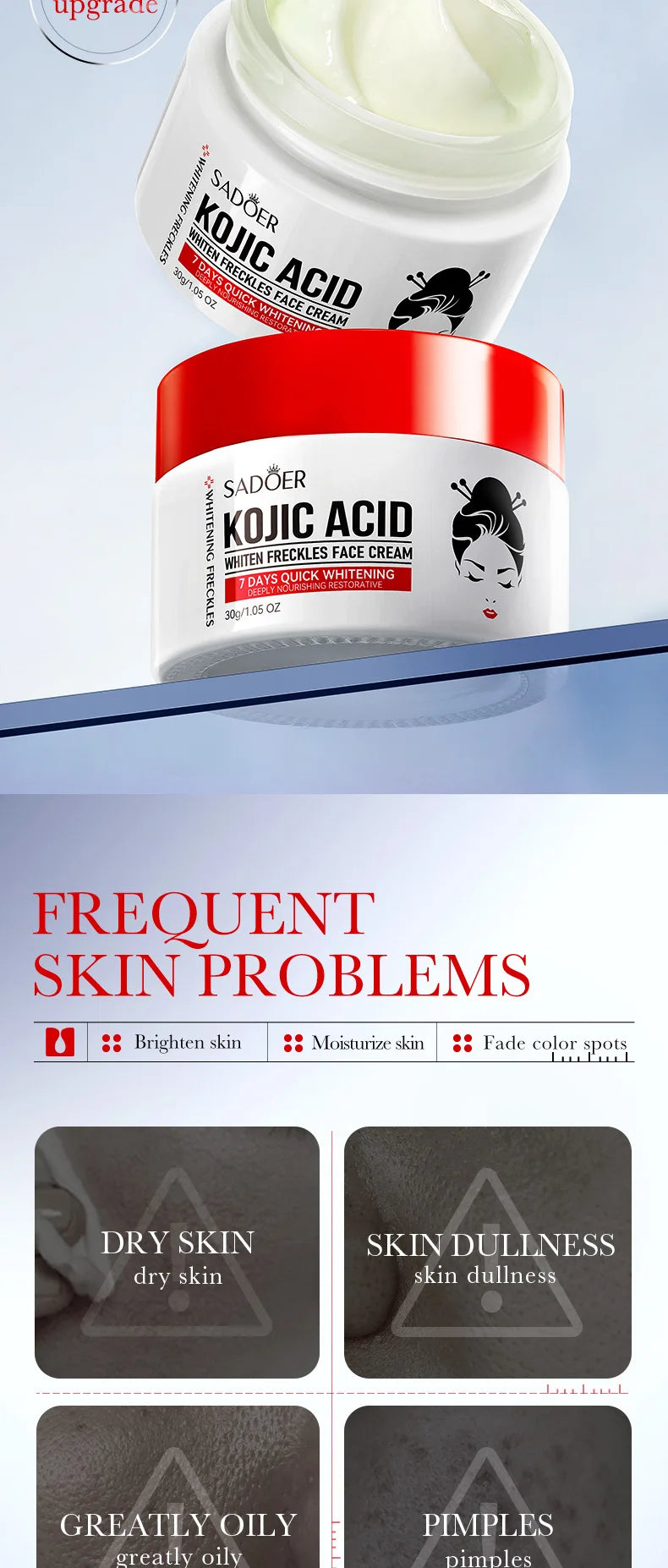 1/2pcs SADOER Kojic Acid Face Cream Moisturizing Freckle Removing Creams Brightening Hydrating Facial Cream Skin Care Products