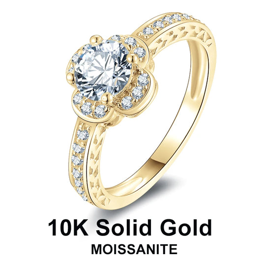 Lnngy 10K Solid Gold Flower Shape Rings Certified 0.8ct Round Cut Moissanite Wedding Ring for Women Romantic Dazzling Jewelry