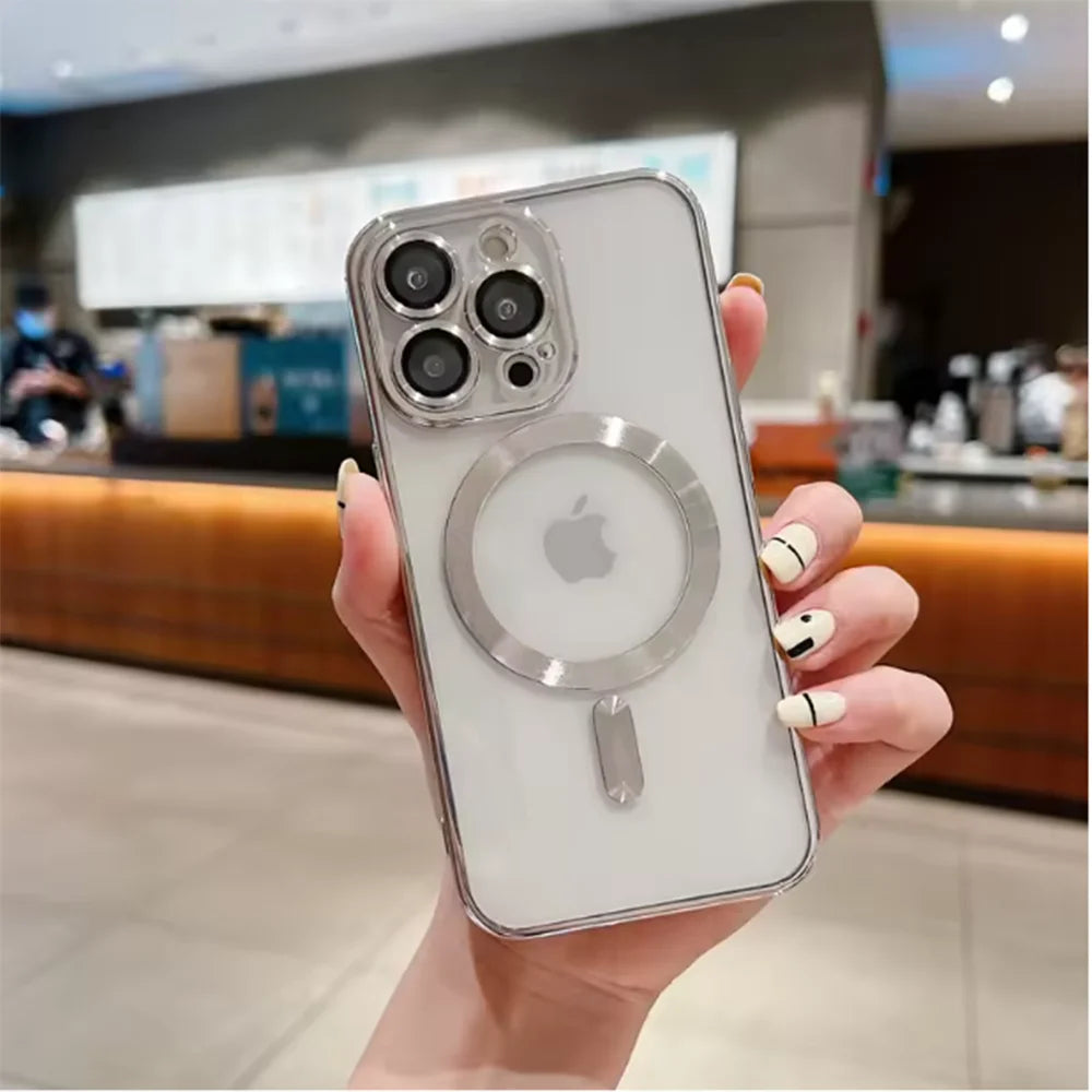 Fashion Plating Magnetic Soft Case Magsafe For iPhone 16 15 14 Plus 13 12 11 Pro Max Wireless Charging Case With Lens Protector