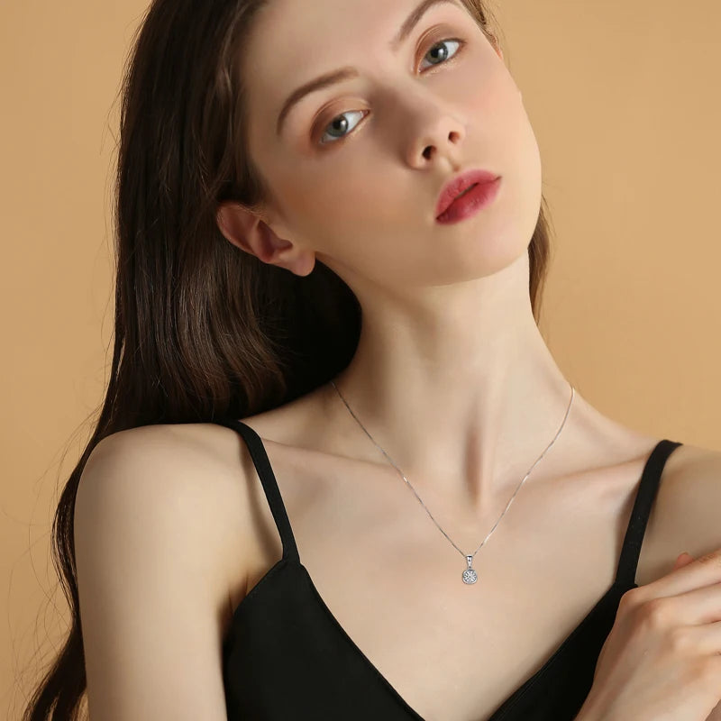Lnngy 6.5mm 1ct Round Moissanite Necklace 925 Sterling Silver Box Chain Necklaces for Women Collares Mujer Fashion Jewelry Gift