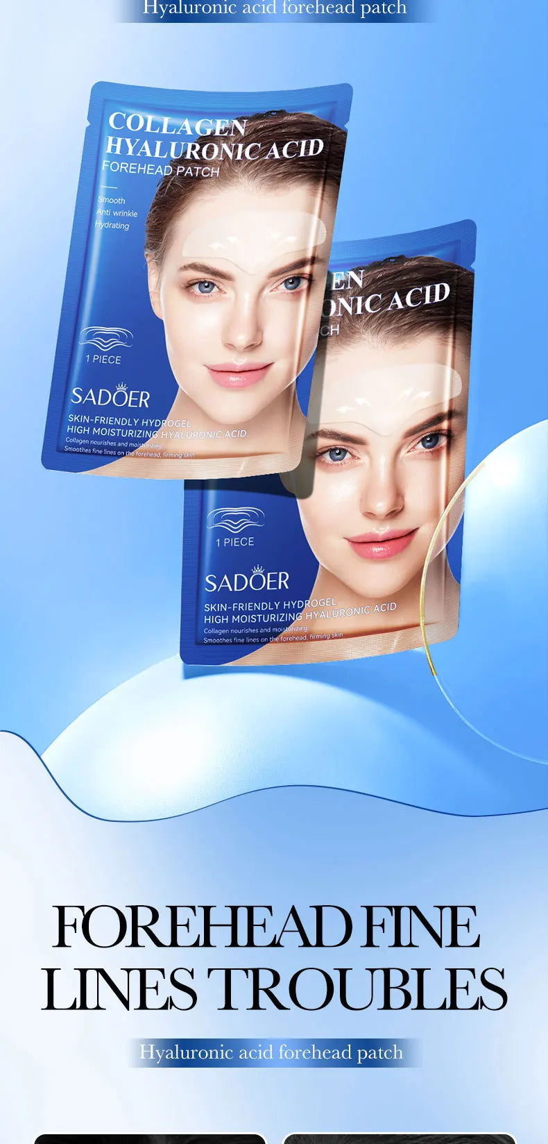 10pcs SADOER Hyaluronic Acid Collagen Face Mask For Forehead Eyes Cheek Moisturizing Firming Hydrating Facial Patches Skin Care