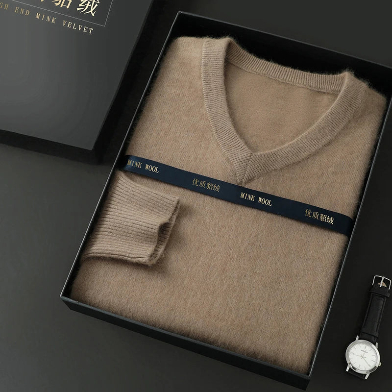 100% Pure Mink Cashmere Knitted Pullover Men's V-Neck Loose Large size Sweater Business Casual Warm Thick Bottoming Shirt Autumn