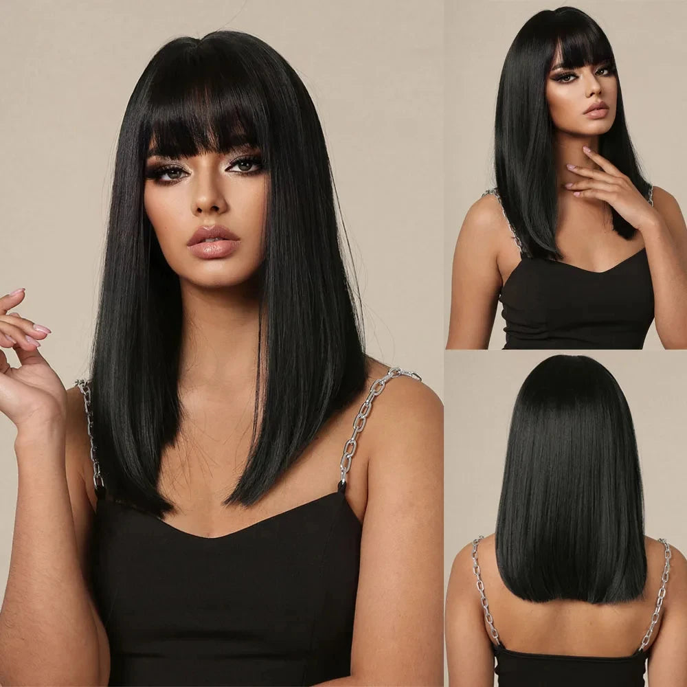 Short straight synthetic wig Ginger Brown Bob wig with straight bangs Ladies Cosplay daily natural high temperature silk wig