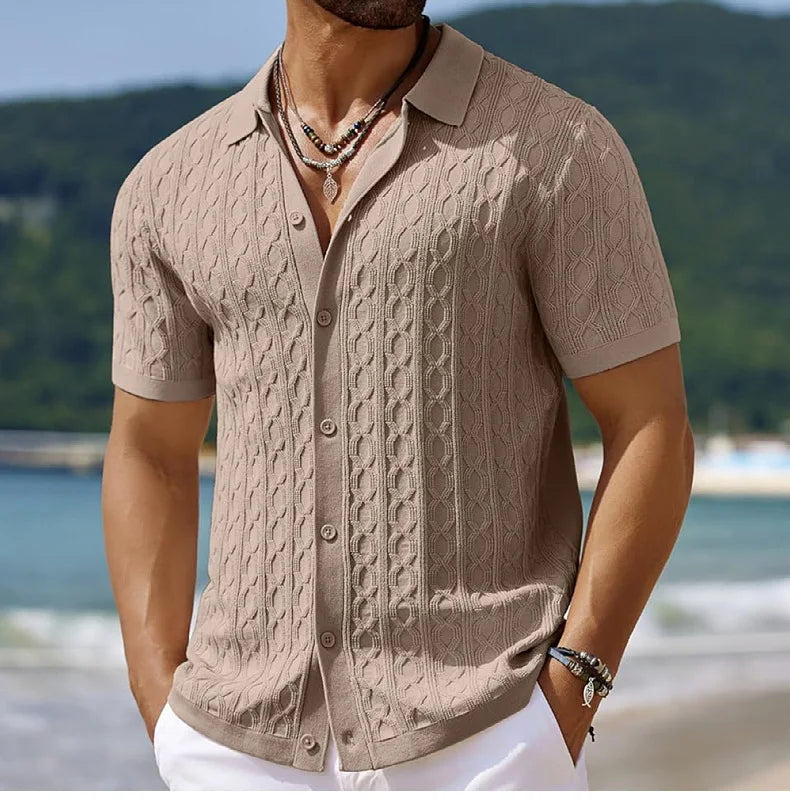 Men Solid Shirt Turn Down Collar Shirt Business Short Sleeve Blouses Knitted Single Breasted Loose Button Summer Cardigan