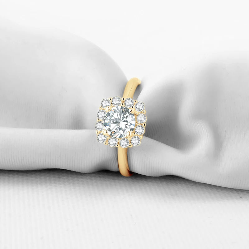 Lnngy Pure 10K Yellow Gold Rings Round Cut 6mm 0.8ct Moissanite Halo Engagement Ring for Women Ladies Charm Jewelry Gift