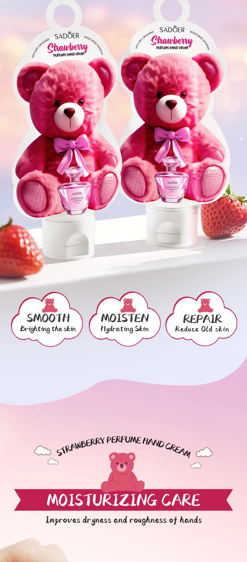 SADOER Strawberry Perfume Hand Cream Moisturizing Nourishing Anti Wrinkles Hydrating Cute Cartoon Hands Skin Care Prodcuts
