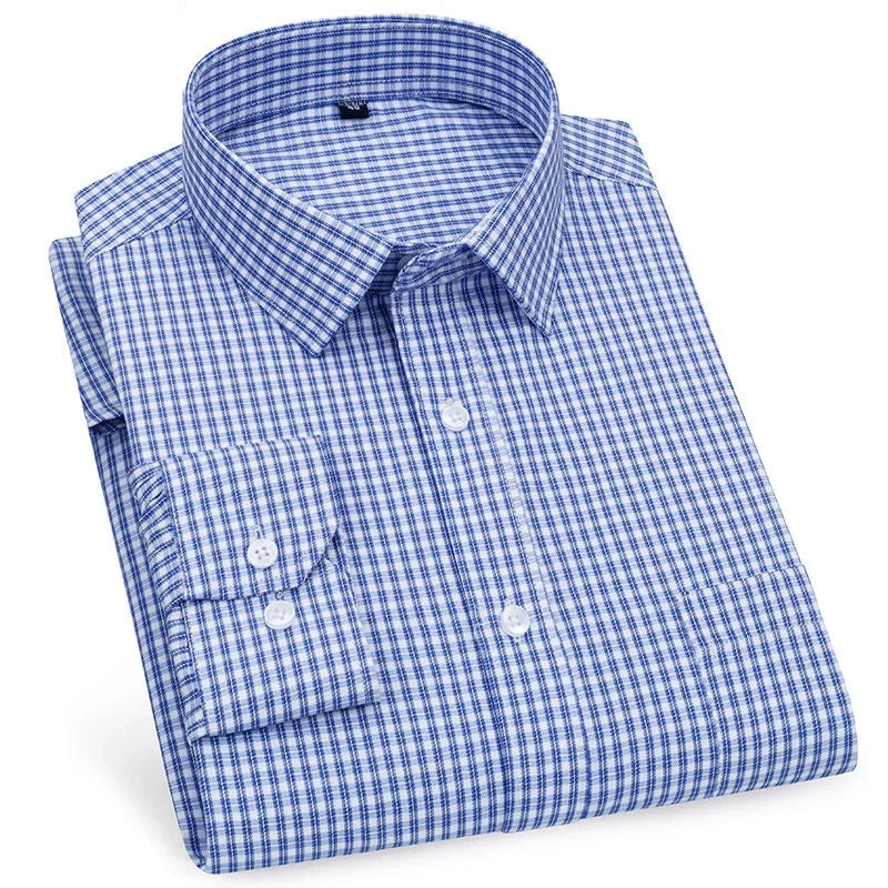 Men's Long Sleeved Shirt Business Casual Classic Plaid Striped Checked Purple Blue Male Social Dress Shirts for Man Button Shirt