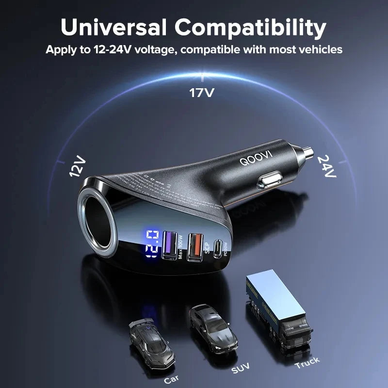 QOOVI 150W 4-Ports Car Charger USB Type C Super Fast Charging PD 4.0 Cigarette Lighter Socket For iPhone Xiaomi Samsung Huawei