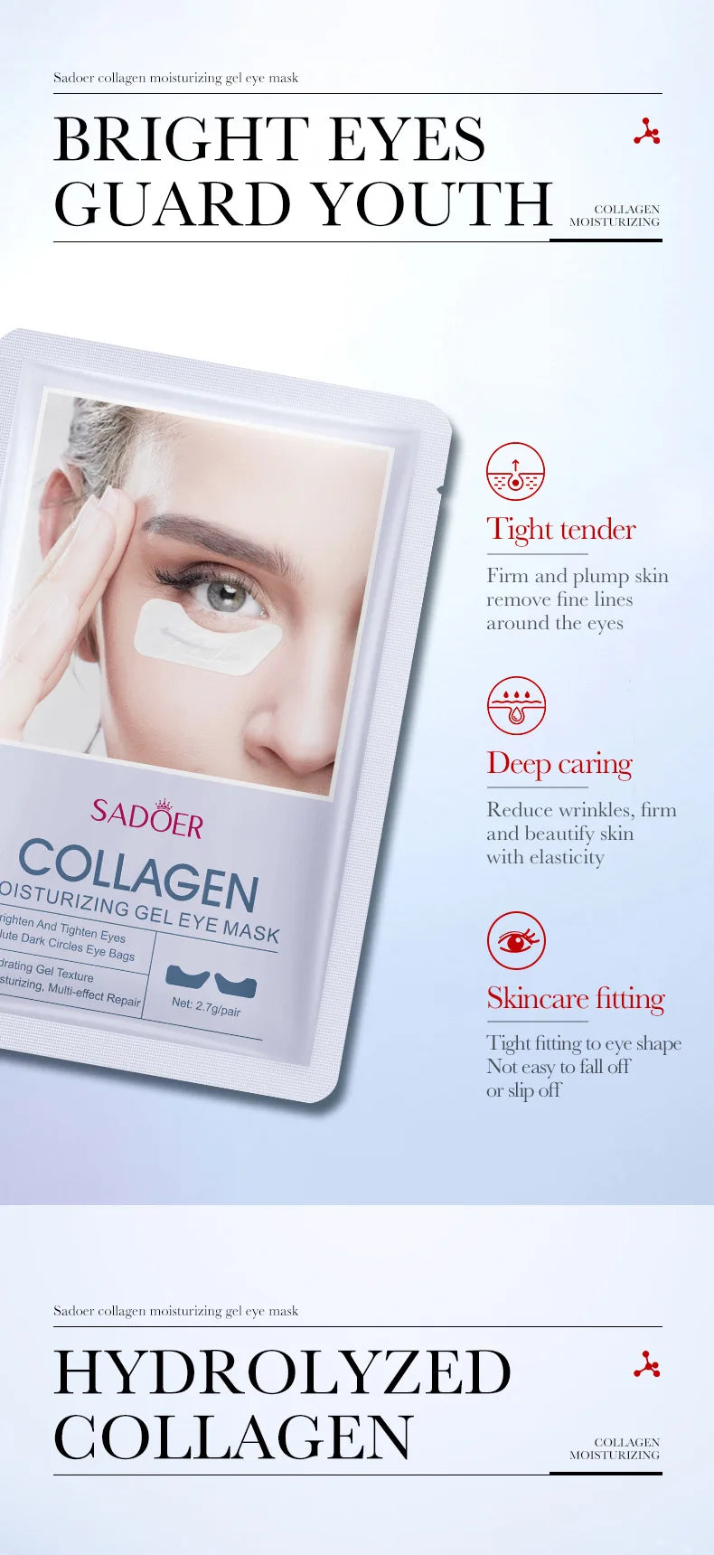10pcs SADOER Hyaluronic Acid Collagen Face Mask For Forehead Eyes Cheek Moisturizing Firming Hydrating Facial Patches Skin Care