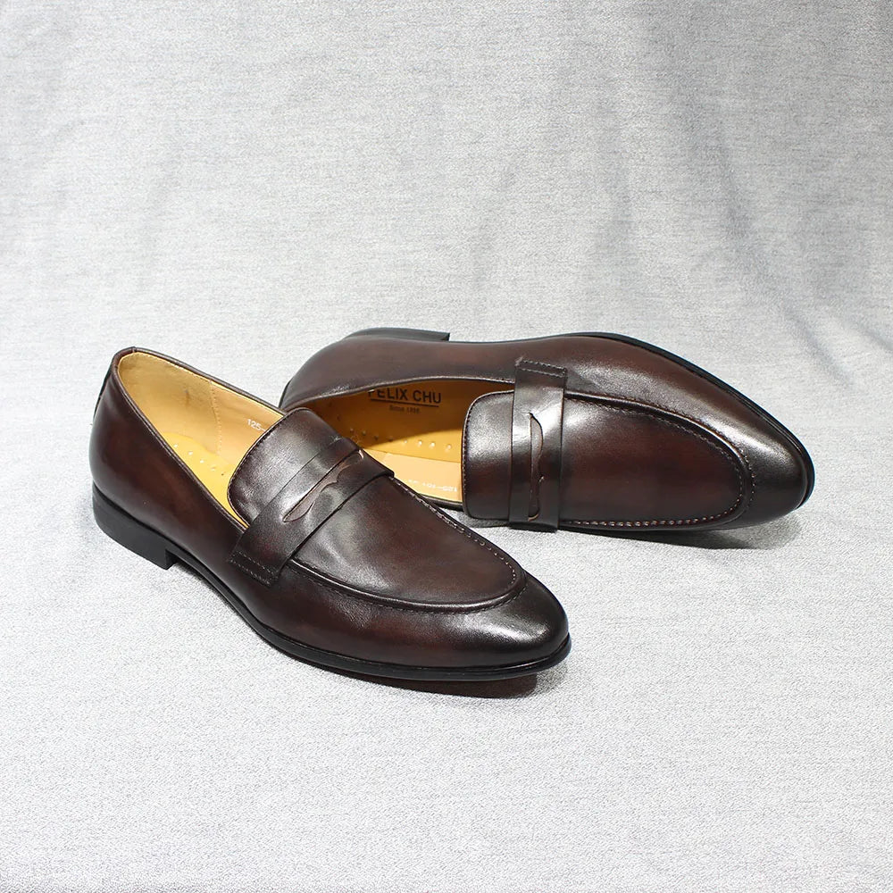 FELIX CHU Mens Penny Loafers Leather Shoes Genuine Leather Elegant Wedding Party Casual Dress Shoes Brown Black Shoes for Men