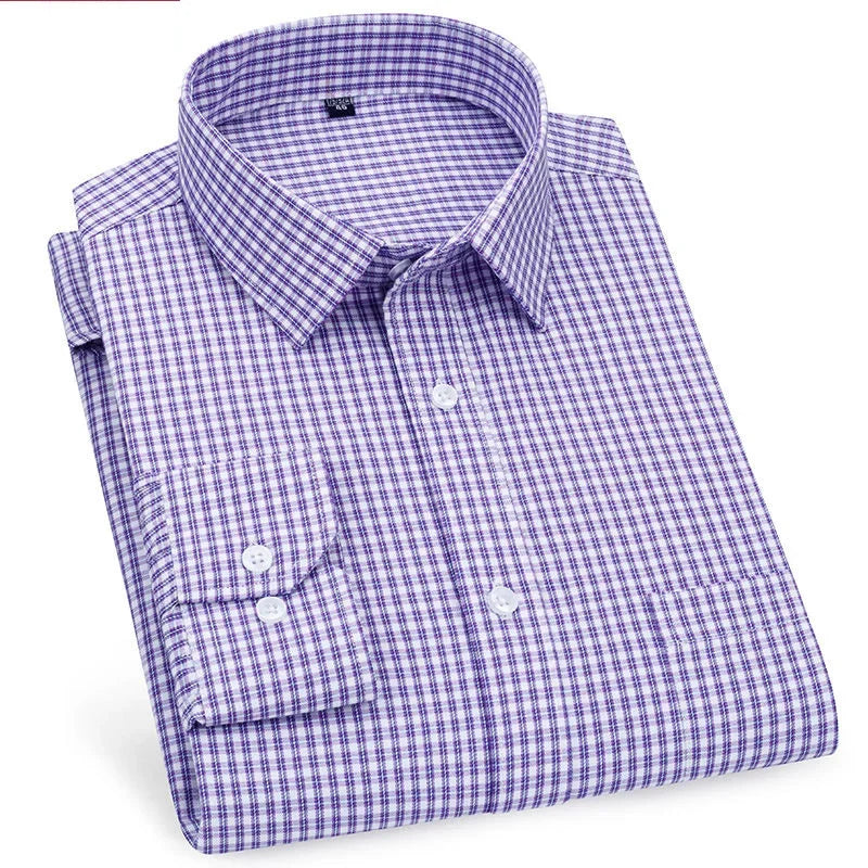 Men's Long Sleeved Shirt Business Casual Classic Plaid Striped Checked Purple Blue Male Social Dress Shirts for Man Button Shirt