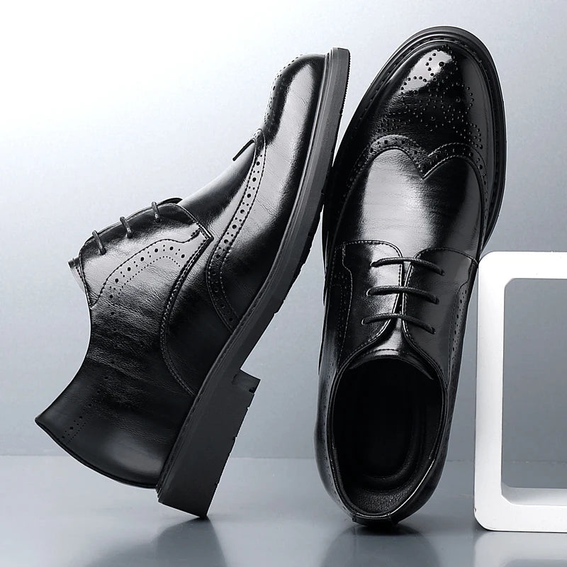 Men's Dress Brogues Elevator Shoes Platform Breathable Casual Business Luxury Genuine Leather Heightening Shoes 6 8CM Taller Man