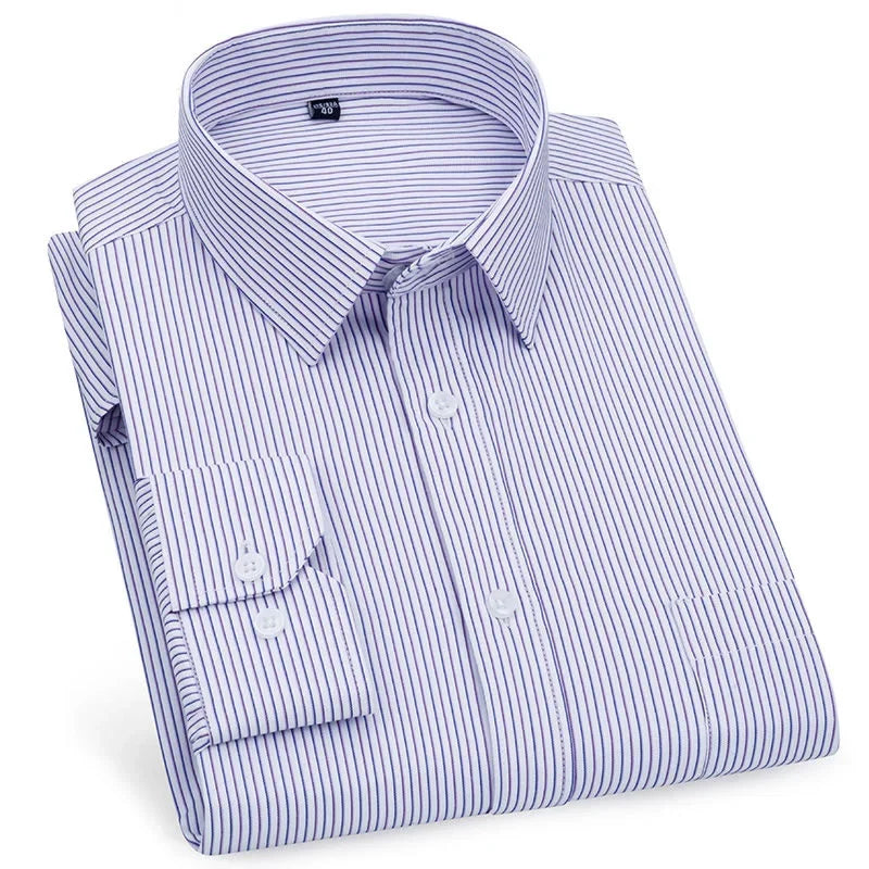 Men's Long Sleeved Shirt Business Casual Classic Plaid Striped Checked Purple Blue Male Social Dress Shirts for Man Button Shirt