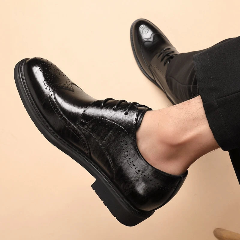 Men's Dress Brogues Elevator Shoes Platform Breathable Casual Business Luxury Genuine Leather Heightening Shoes 6 8CM Taller Man