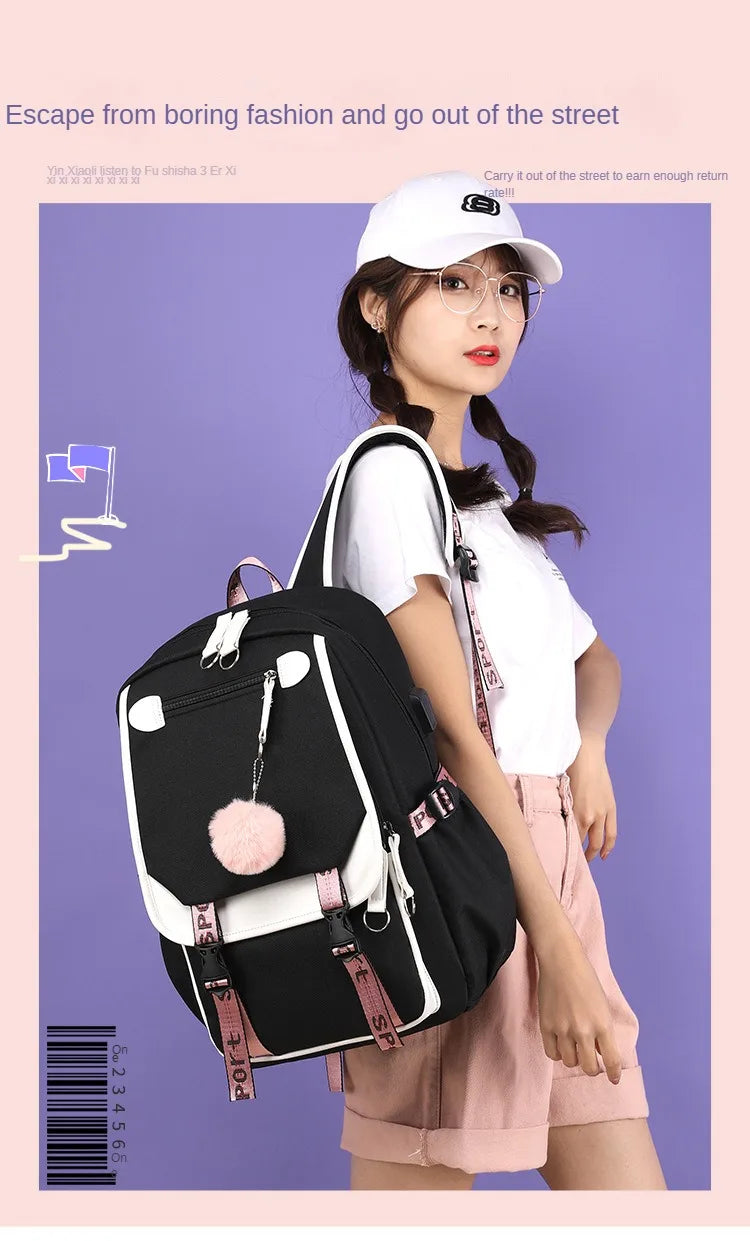 Large School Bags for Teenage Girls USB Port Canvas Schoolbag Student Book Bag Fashion Black Pink Teen School Backpack