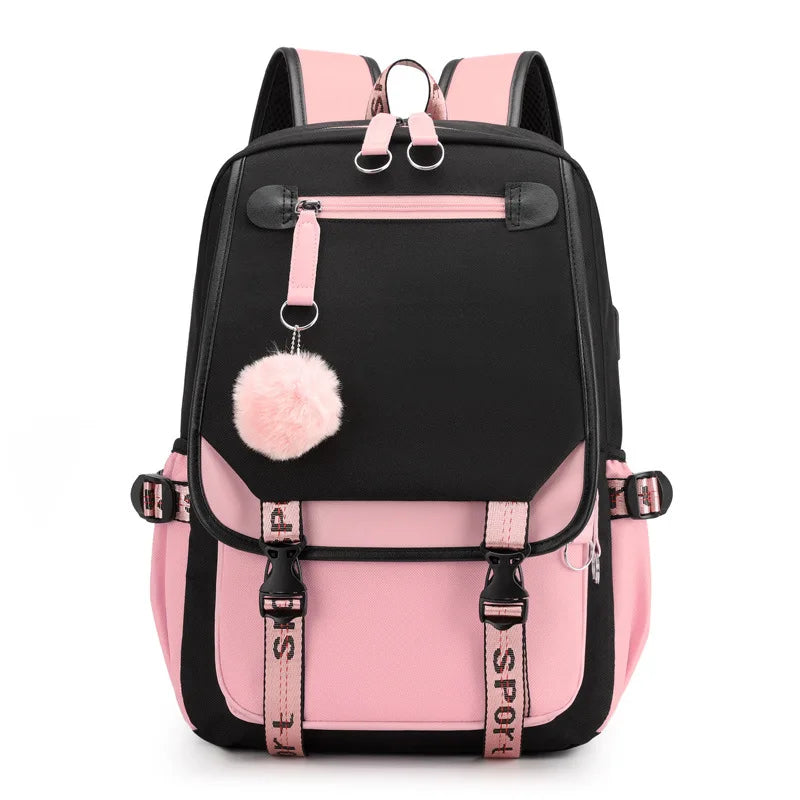 Large School Bags for Teenage Girls USB Port Canvas Schoolbag Student Book Bag Fashion Black Pink Teen School Backpack
