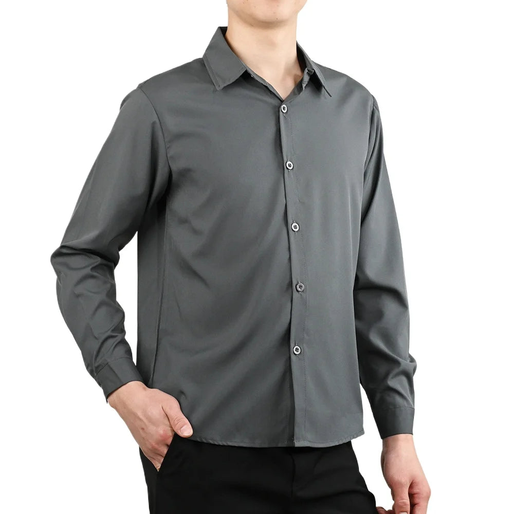 Summer Men's Shirt Long Sleeve Loose-fit Ice Silk Black White Gray Shirts Men Korean Style Casual Thin Top Male Fashion Clothes