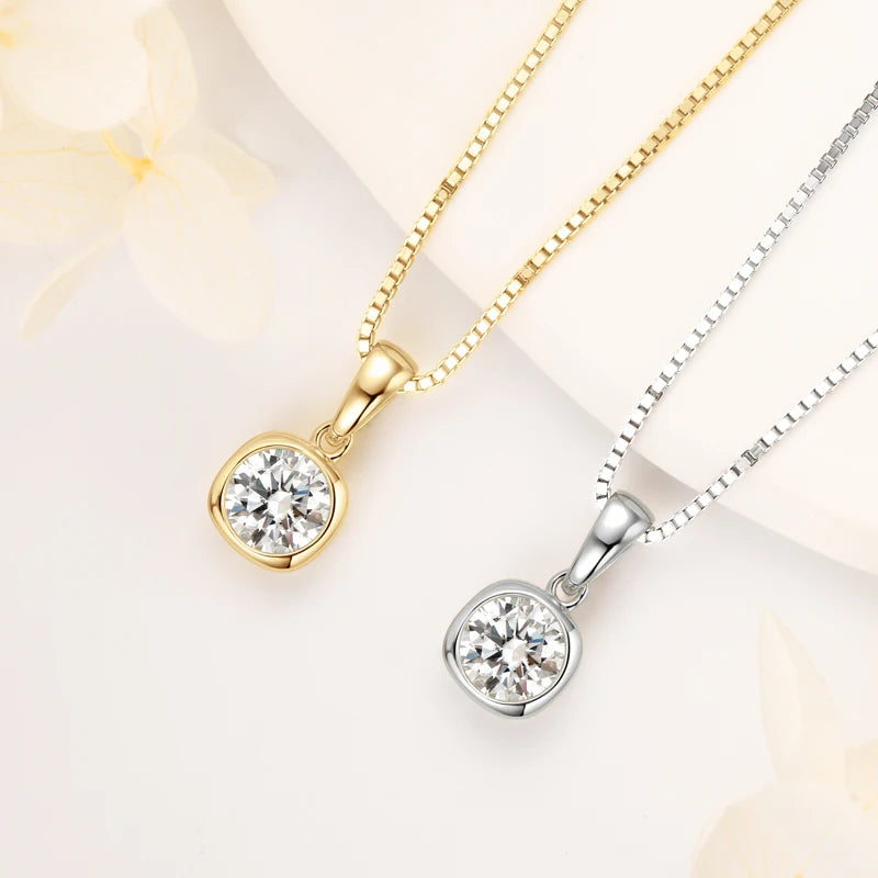 Lnngy 6.5mm 1ct Round Moissanite Necklace 925 Sterling Silver Box Chain Necklaces for Women Collares Mujer Fashion Jewelry Gift