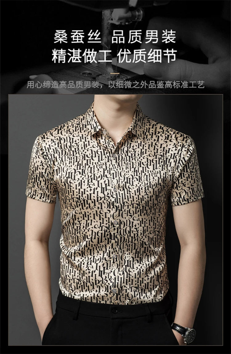 Mulberry Silk 100% Print Dress Men Shirt Short Sleeve Casual Icy Summer Quality Smooth Comfortable Regular Fit Camisas De Hombre