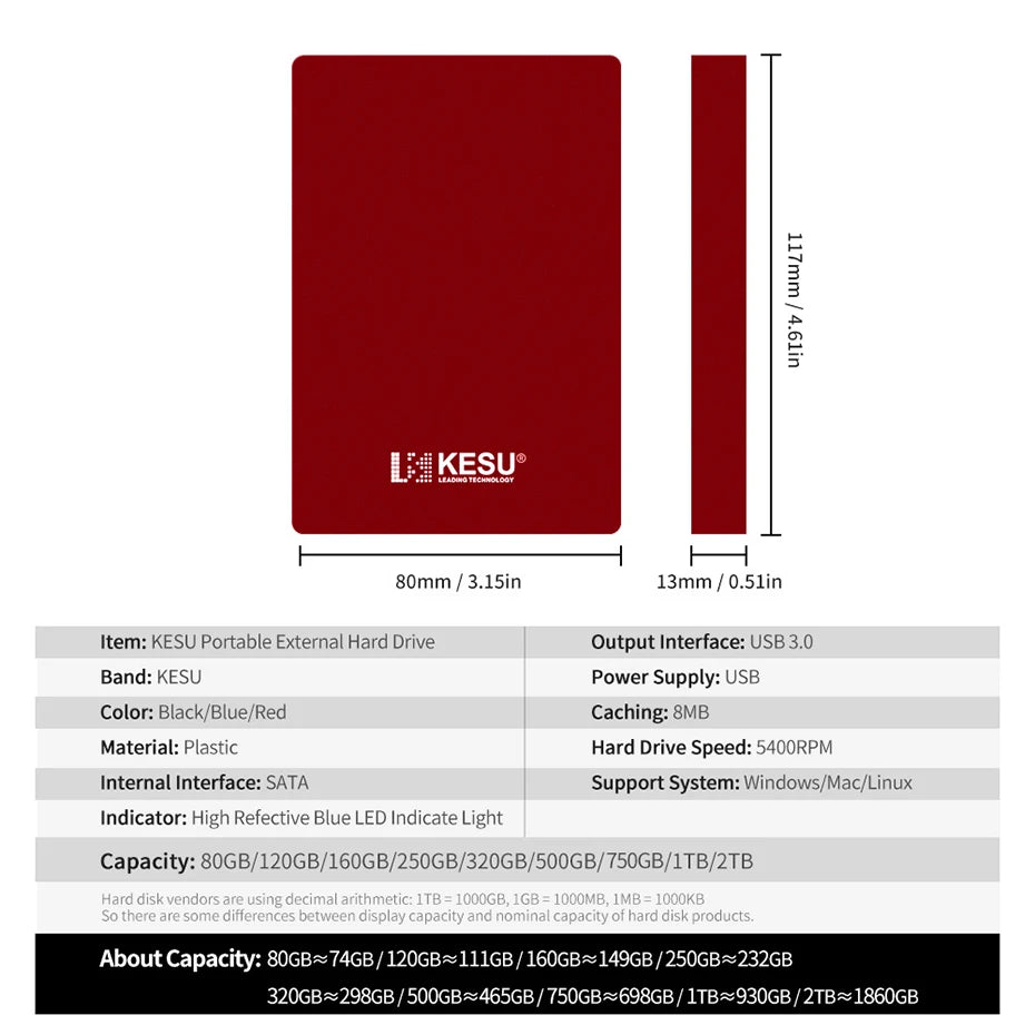 KESU HDD 2.5" Portable External Hard Drive 2tb/1tb/500gb/750gb USB3.0 disk memory  for PC tablets PS4 notebook Desktop Computer