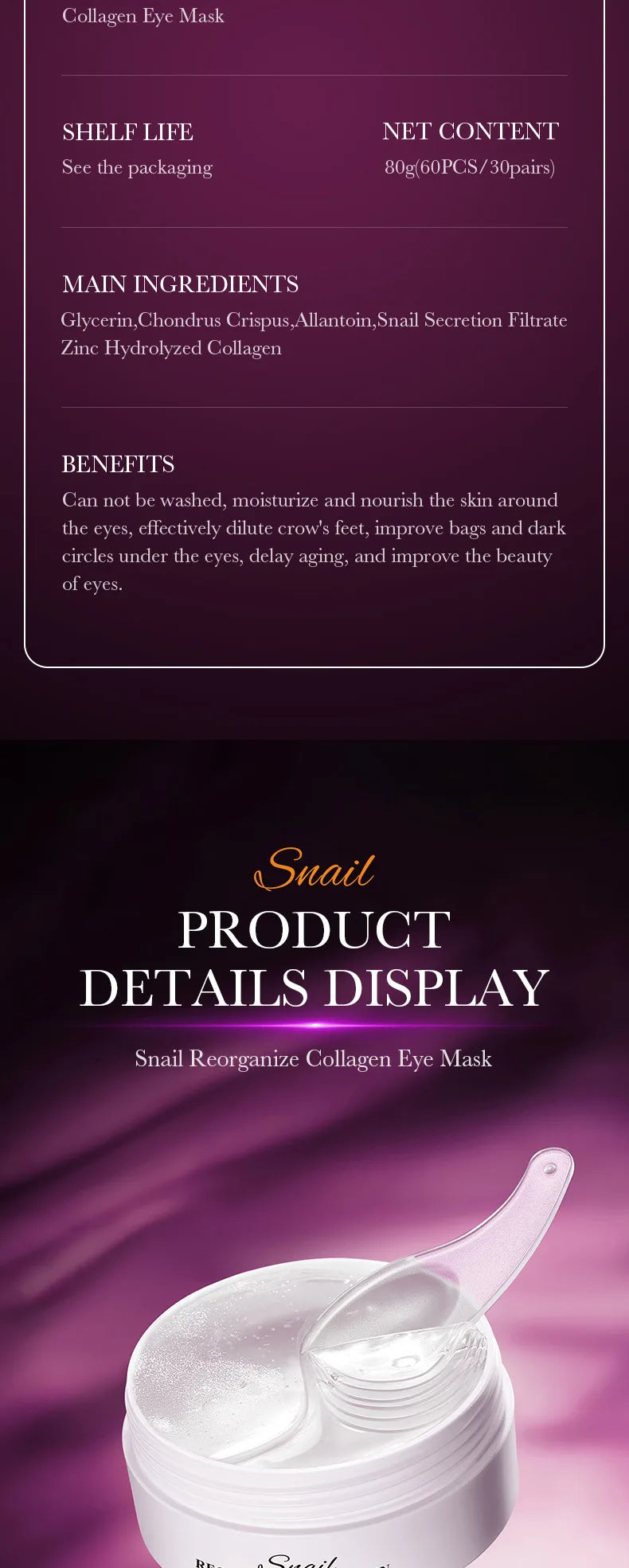 60pcs SADOER Snail Collagen Eye Mask Anti Dark Circles Eyes Bags Moisturizing Firming Eye Patches Beauty Eyes Skin Care Products