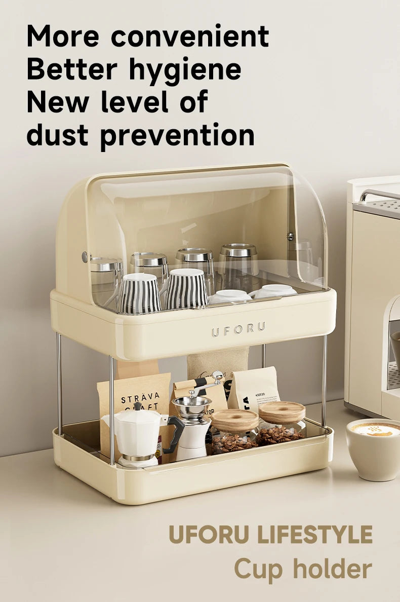 UFORU Dust-proof drain cup holder multi-function household teacups with cover large capacity milk bottle coffee cup organizer