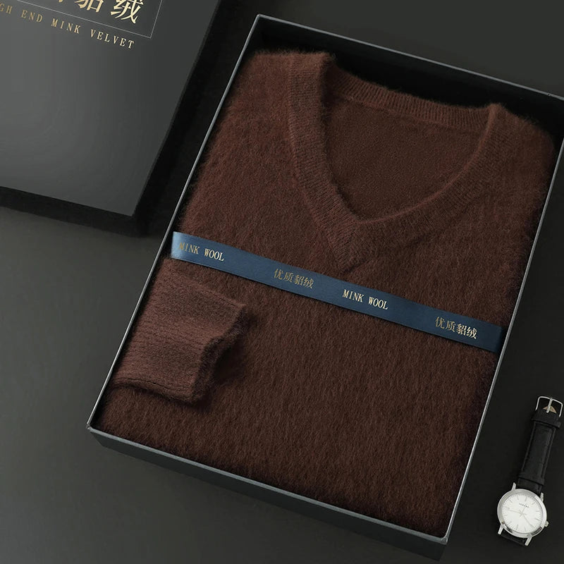 100% Pure Mink Cashmere Knitted Pullover Men's V-Neck Loose Large size Sweater Business Casual Warm Thick Bottoming Shirt Autumn
