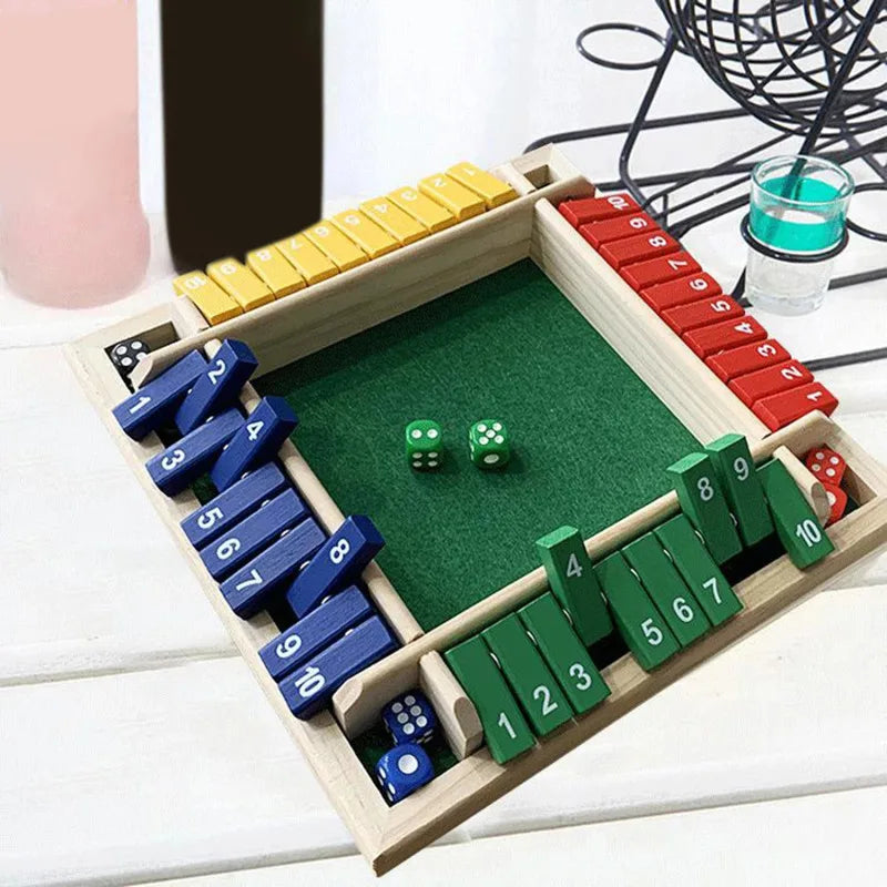 Deluxe Four Sided 10 Numbers Shut The Box Board Game Set Toy Dice Party Club Drinking Games for Adults Families