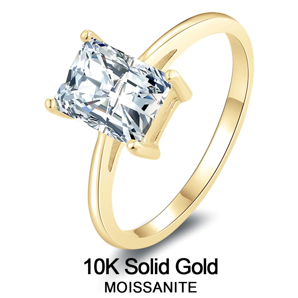 Lnngy Trendy 10K Pure Gold Rings 4 Claws 6*8mm Rectangle Cut Moissanite Solitaire Ring For Women AU417 Simple Wedding Bands