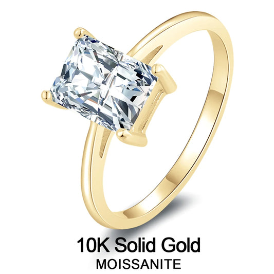 Lnngy Trendy 10K Pure Gold Rings 4 Claws 6*8mm Rectangle Cut Moissanite Solitaire Ring For Women AU417 Simple Wedding Bands