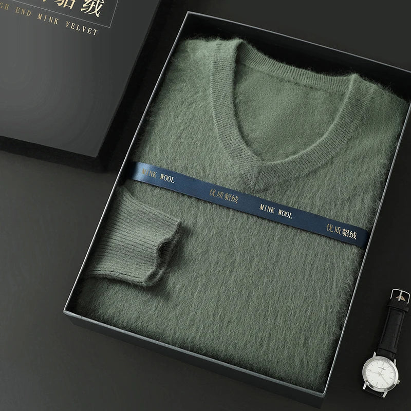 100% Pure Mink Cashmere Knitted Pullover Men's V-Neck Loose Large size Sweater Business Casual Warm Thick Bottoming Shirt Autumn