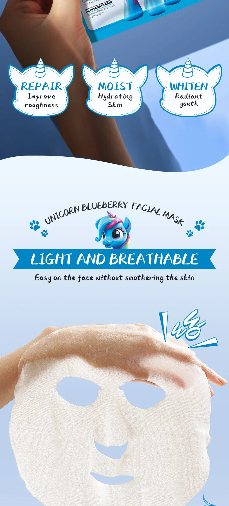 8pcs SADOER  Blueberry Unicorn Fruits Face Mask Moisturizing Brightening Firming Hydrating Facial Masks for Face Skin Care