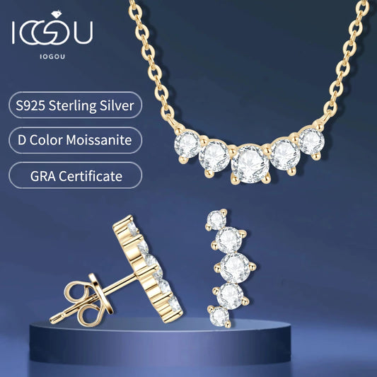 18K Gold Plated 925 Silver Real Moissanite Jewelry Set 5-Stone Smile Pendant Necklace Stud Earrings Sets for Women Christma Gift