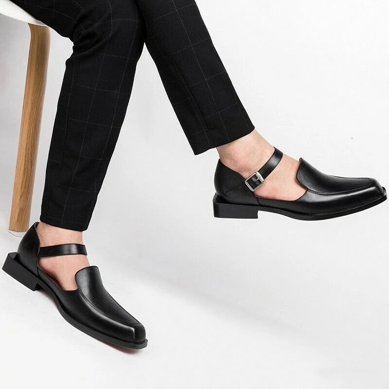 New Black Men's Summer Sandals Pu Leather Buckle Strap Dress Shoes for Men with  Business Formal Shoes Men