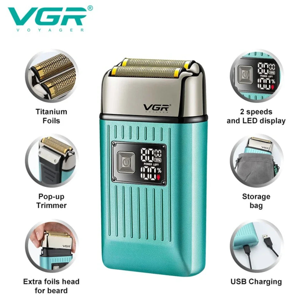 VGR Professional Hair Beard Electric Shaver For Men Beard Trimmer Wet Dry Shaving Machine Digital Display Shaver For Men V-357