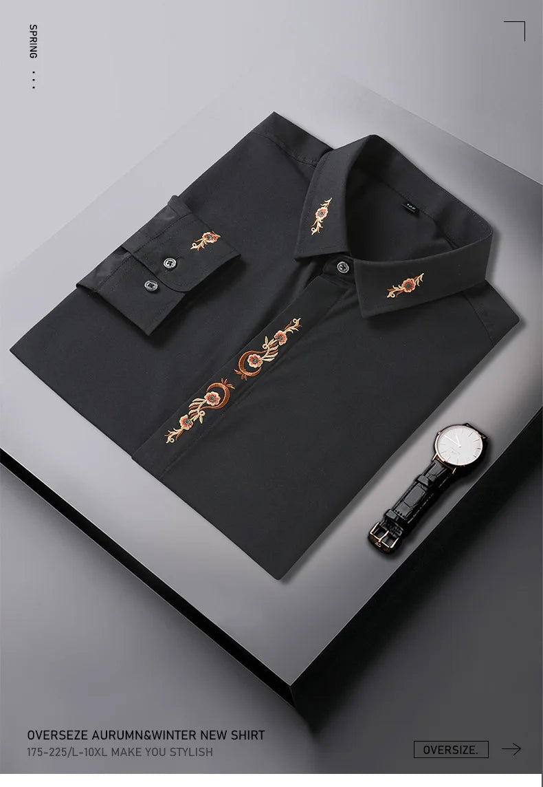 New Autumn Men's Long Sleeve Shirt Plus Size 7XL 8XL 10XL 12XL Embroidered Business Dress Loose Casual Elasticity Blouse Clothes