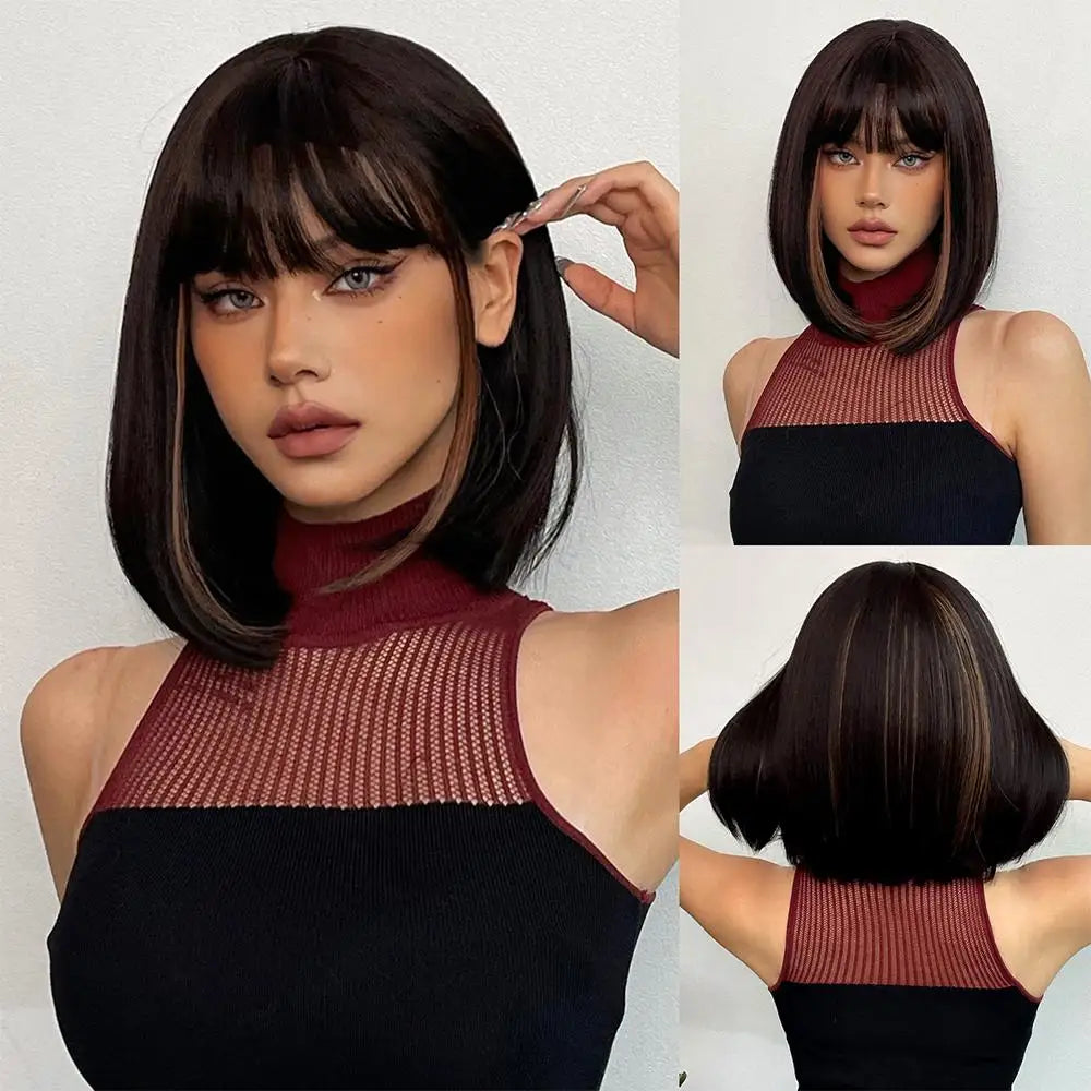 Short Black Brown Synthetic Natural Hair Wigs for Women Bob Straight Wig with Bangs High Temperature Daily Cosplay Party Wigs