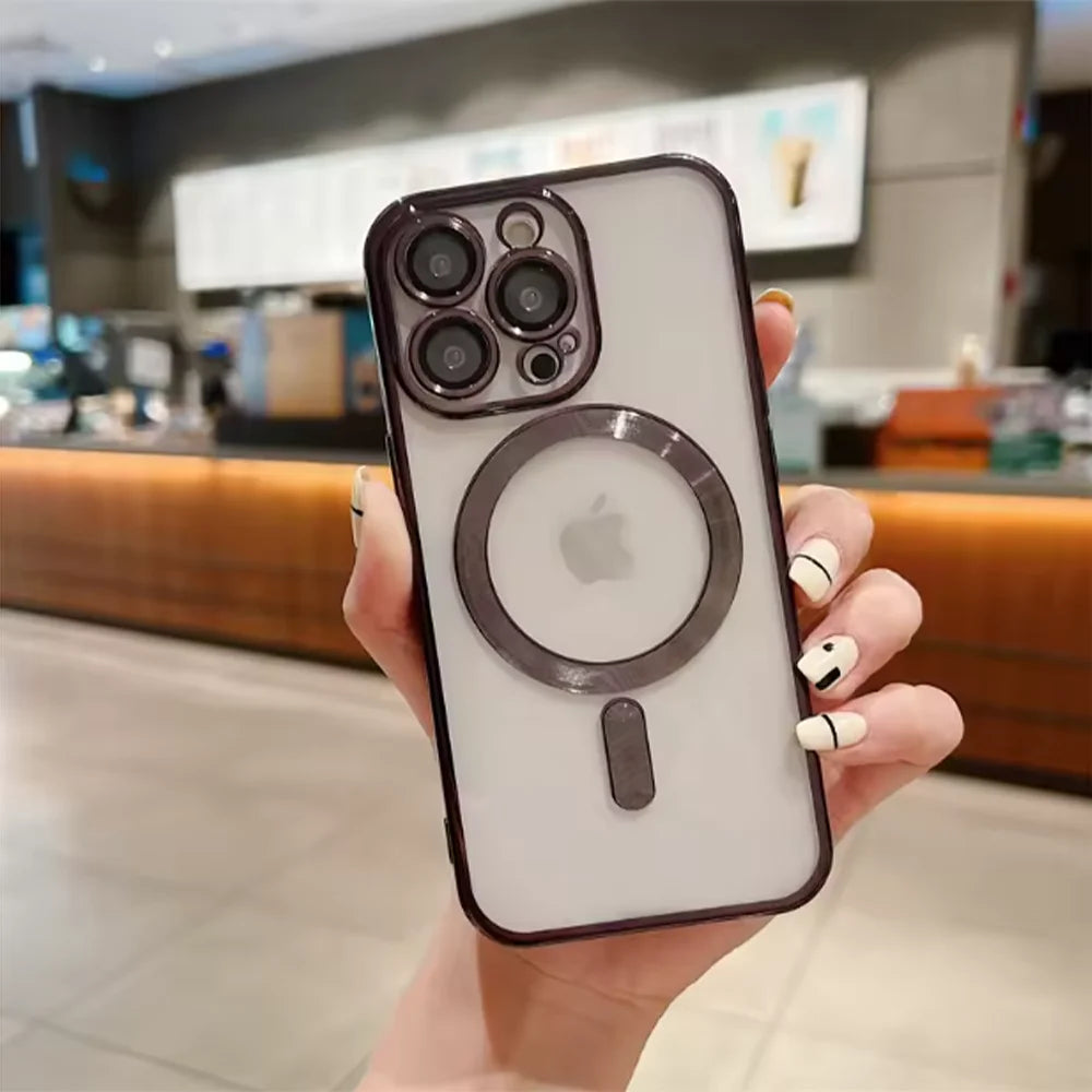 Fashion Plating Magnetic Soft Case Magsafe For iPhone 16 15 14 Plus 13 12 11 Pro Max Wireless Charging Case With Lens Protector