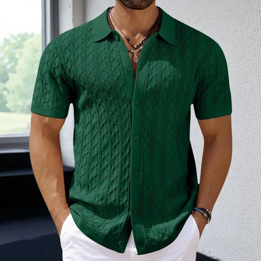 Men Solid Shirt Turn Down Collar Shirt Business Short Sleeve Blouses Knitted Single Breasted Loose Button Summer Cardigan