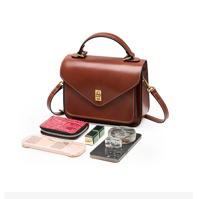 Genuine Leather Women luxury bag high quality Simple vintage Fashion Postman handbags ladies 2025 shoulder green small bag