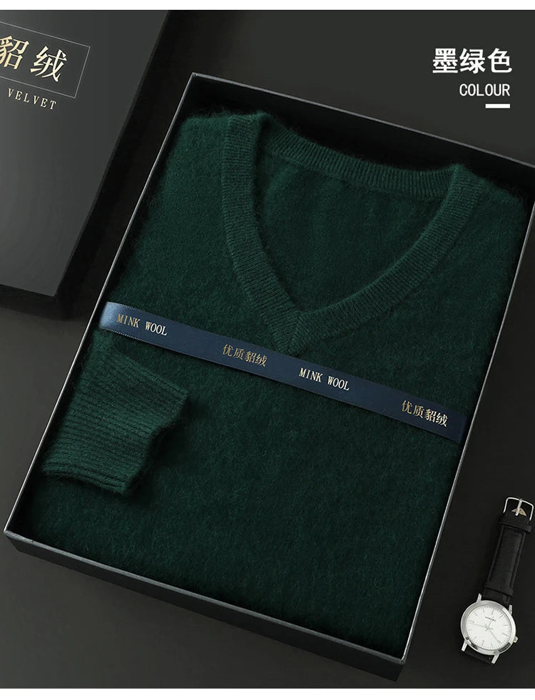 100% Pure Mink Cashmere Knitted Pullover Men's V-Neck Loose Large size Sweater Business Casual Warm Thick Bottoming Shirt Autumn