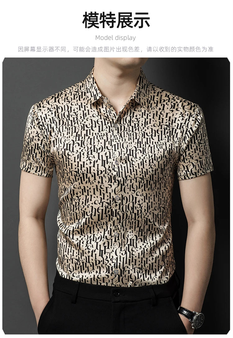 Mulberry Silk 100% Print Dress Men Shirt Short Sleeve Casual Icy Summer Quality Smooth Comfortable Regular Fit Camisas De Hombre