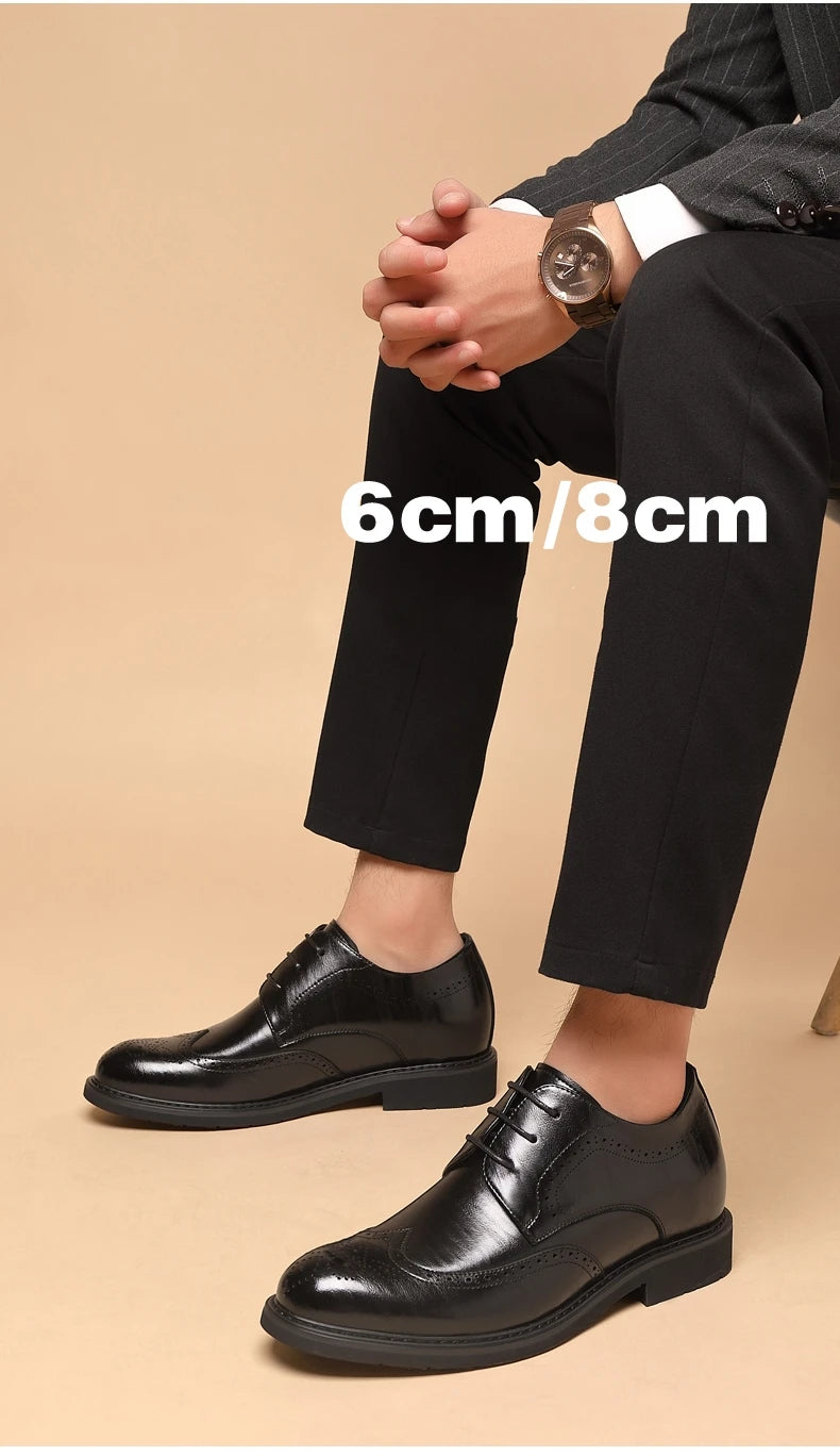 Men's Dress Brogues Elevator Shoes Platform Breathable Casual Business Luxury Genuine Leather Heightening Shoes 6 8CM Taller Man