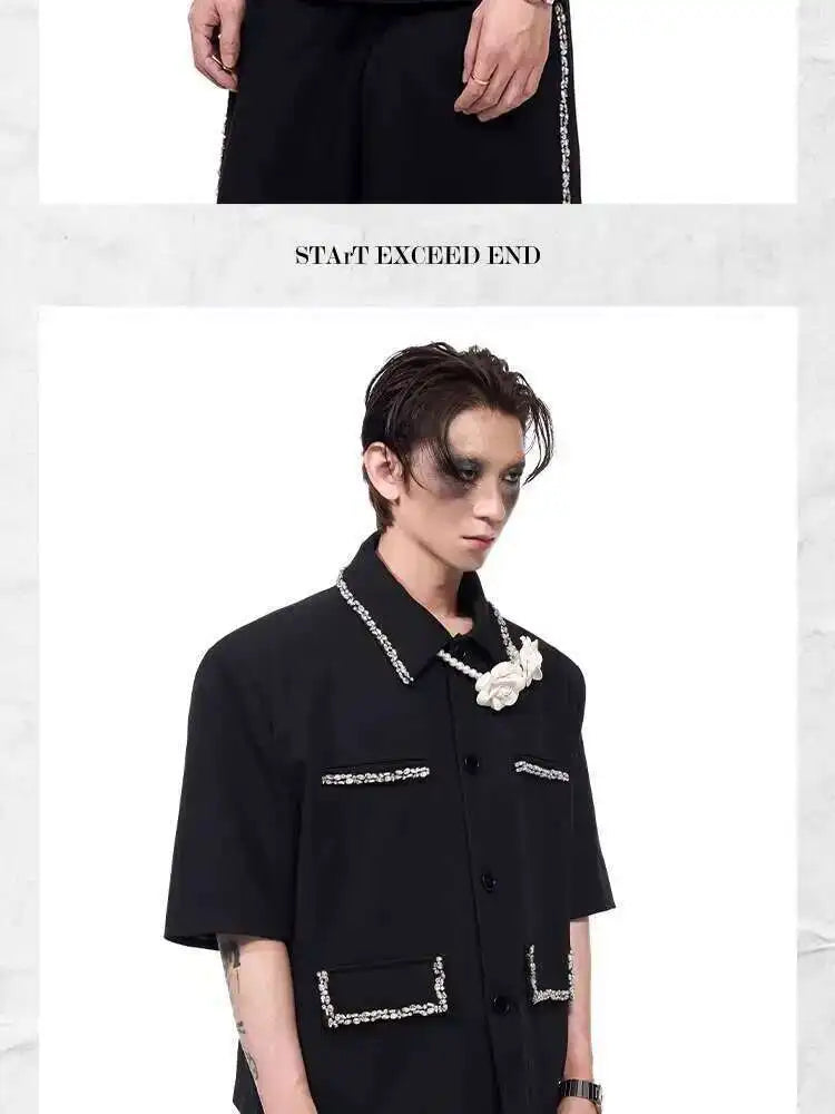 LUZHEN Luxury Elegant Diamond Patchwork Decorate Short Sleeve Big Lapel Shirts Men's 2025 Summer High Quality Casual Tops JY1575