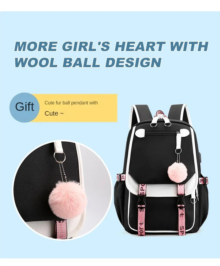 Large School Bags for Teenage Girls USB Port Canvas Schoolbag Student Book Bag Fashion Black Pink Teen School Backpack