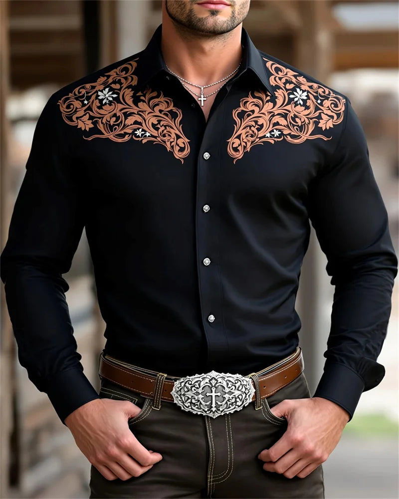 New Men's Black Shirt 3D Printed Fit Button Evening Dress Casual Sports Shirt Fashion Comfortable Long Sleeves