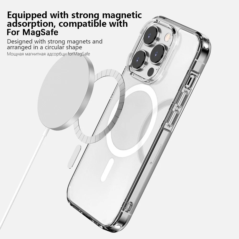 For MagSafe Transparent Magnetic Wireless Charging Case For iPhone 15 14 13 12 11 Pro Max Mini 8 7 Plus X XS XR Protective Cover