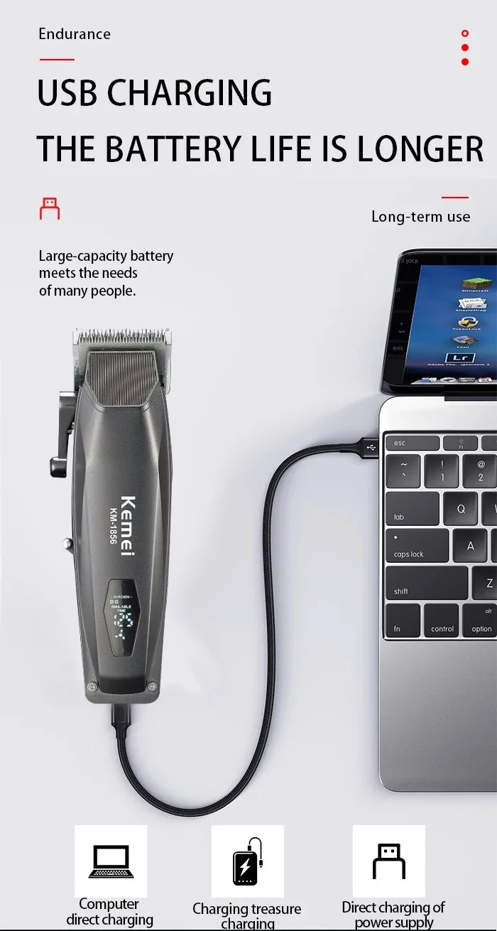 Kemei Professional Barber Hair Clippers USB Rechargeable Cordless Hair Trimmer Powerful Hair Cutting Grooming Machine for Men